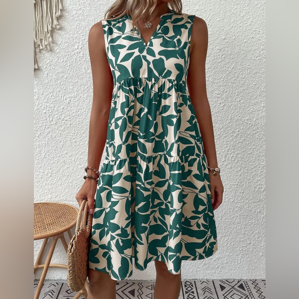 Women's Summer Boho Print Notched V Neck Sleeveless Ruffle Hem Loose Dress